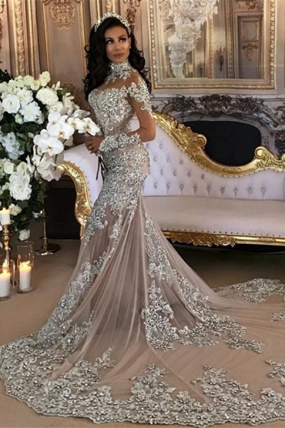 High Neck Long Sleeve Silver Lace Mermaid Luxury Wedding Dresses_5