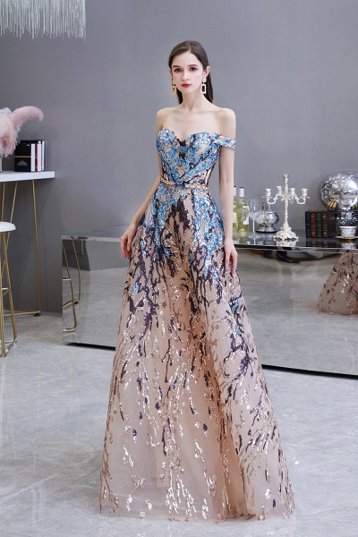Elegant Multi-Color Long A-line Off the Shoulder Sequins Prom Dresses_3