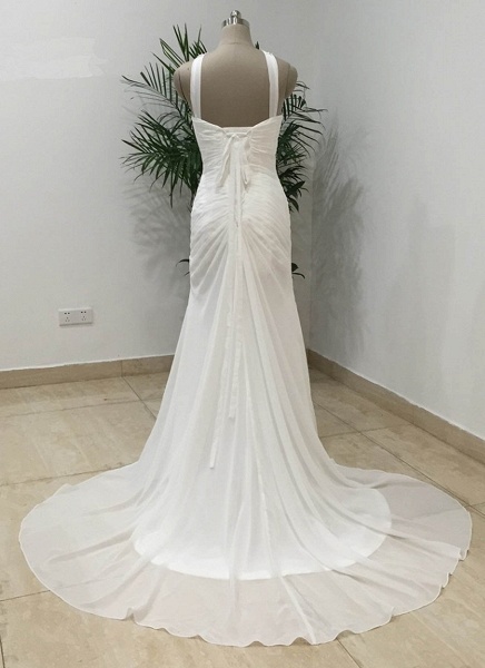White Chiffon Long Mermaid Pleated Split Simple Wedding Dress_2