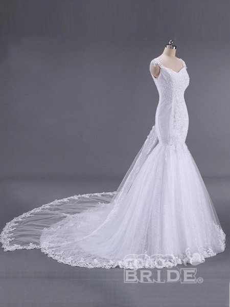 Vintage V-neck Short Sleeve Detachable Train Lace Mermaid Wedding Dresses_3