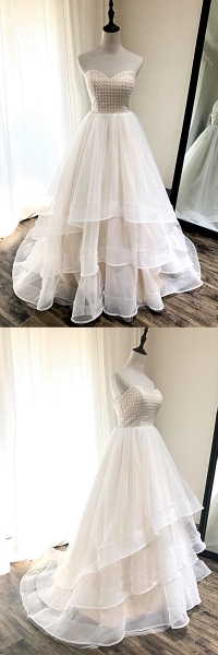 Ivory Tulle Sweetheart Neck Crystal Long Layered Wedding Dress_5