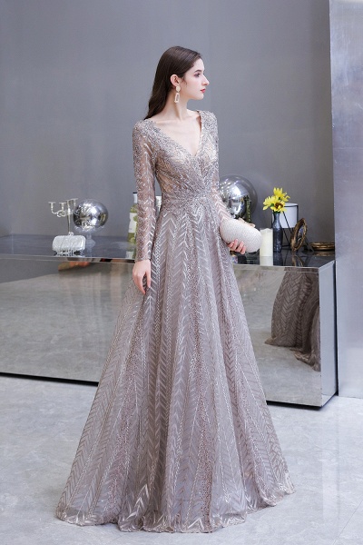 Long A-line V-neck Tulle Appliques Lace Prom Dresses with Sleeves_10