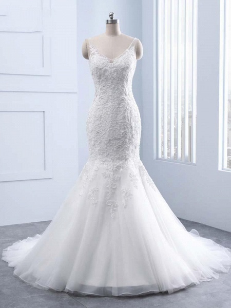 Elegante Meerjungfrau-Hochzeitskleider aus Spitze mit V-Ausschnitt_1