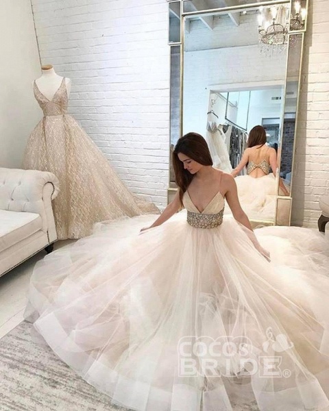Spaghetti Straps Ivory Beaded Dress Ball V-neck Gown Tulle Wedding Dresss_2