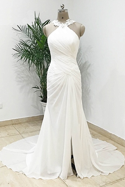 White Chiffon Long Mermaid Pleated Split Simple Wedding Dress_1