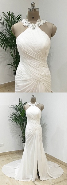White Chiffon Long Mermaid Pleated Split Simple Wedding Dress_3
