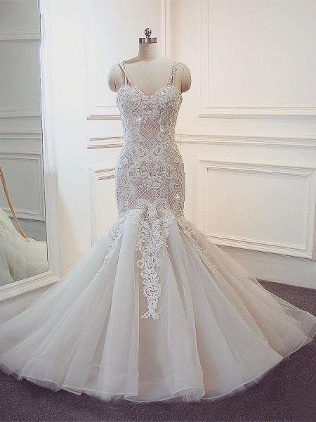Stunning Spaghetti Strap Lace-Up Mermaid Wedding Dresses_1