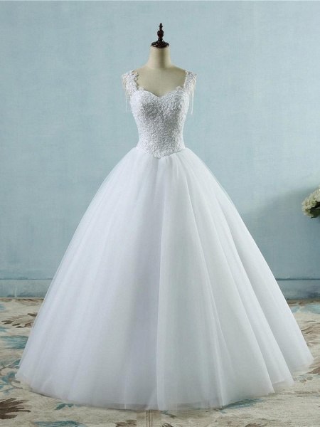 Appliques Lace-up Tulle Ball Gown Wedding Dresses_1