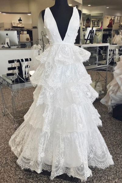 White Lace Long A Line Wedding Dress_1