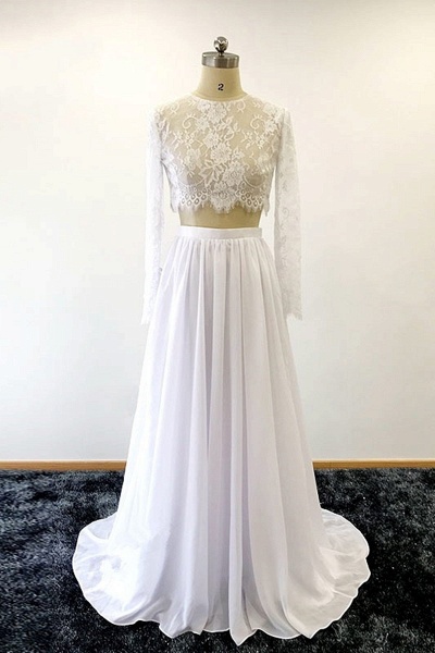 White Lace Two Pieces Long Chiffon Wedding Dresses_1