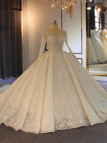 Sparkling V-Neck Long Sleeves Lace -Up Ball Gown Wedding Dresses_1