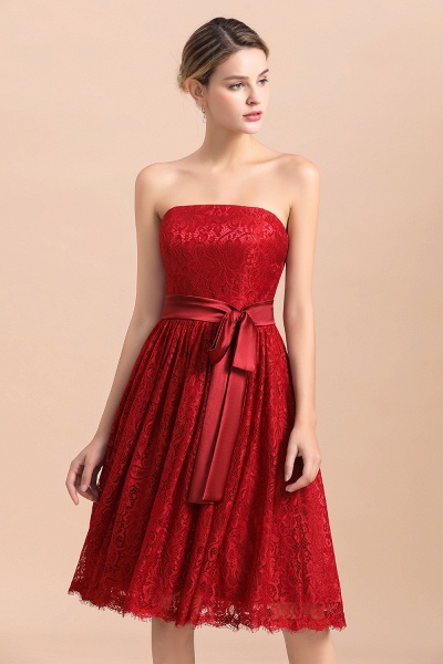 Stunning Red A-line Strapless Appliques Lace Knee-length Bridesmaid Dress With Bowknot_7