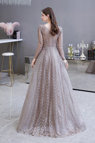 Long A-line V-neck Tulle Appliques Lace Prom Dresses with Sleeves_7