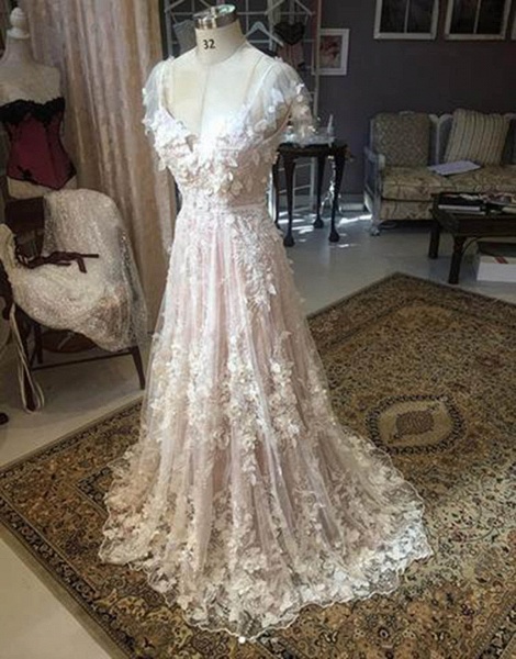 White 3D Flower Lace V Neck Cap Sleeve Long Wedding Dress_2