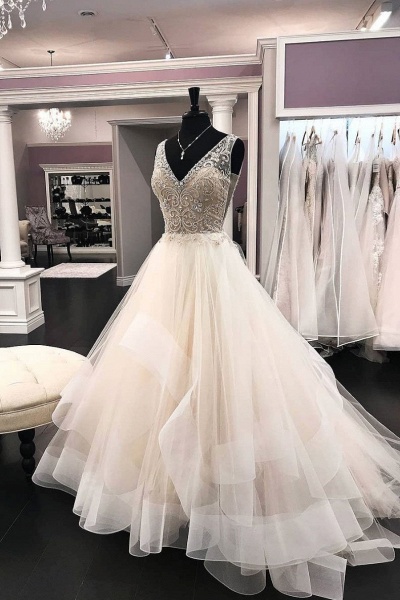 Ivory Tulle V Neck Long Beaded Sequins Wedding Dress_1