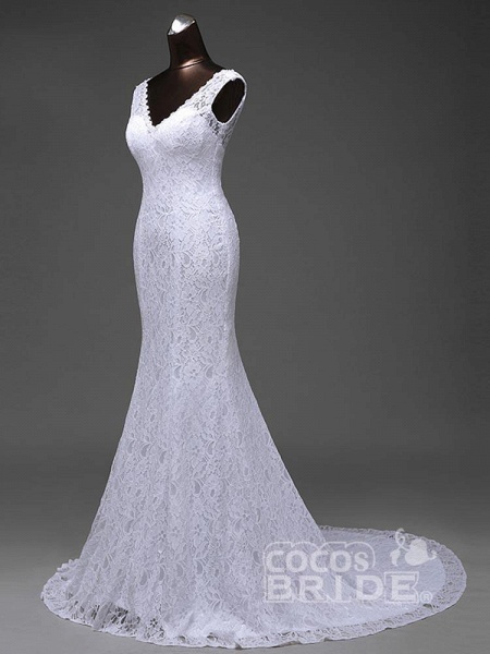 V-Neck Backless Lace Mermaid Wedding Dresses_2