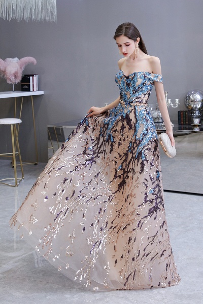 Elegant Multi-Color Long A-line Off the Shoulder Sequins Prom Dresses_7