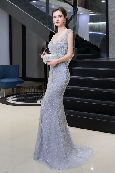 Sexy Mermaid V-neck Silver Long Prom Dress_6