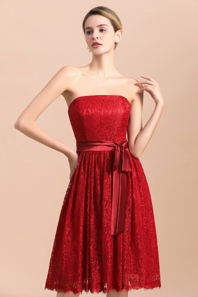 Stunning Red A-line Strapless Appliques Lace Knee-length Bridesmaid Dress With Bowknot_5