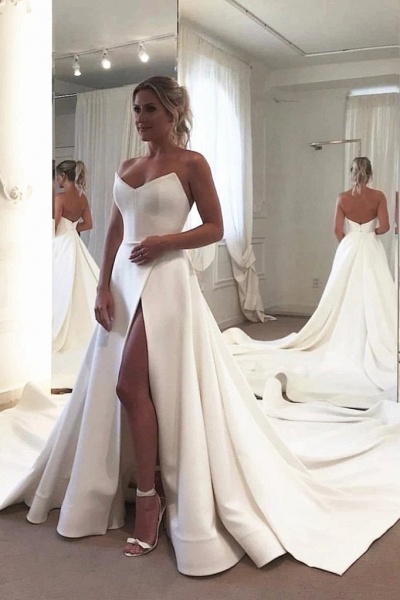 Strapless Bodice Corset Leg Slit Satin Backless Long Wedding Dress_1