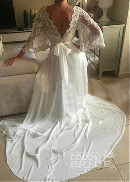 Romantic Boho V Neck Lace Appliques Chiffon Long Beach Wedding Dress_2