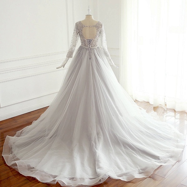 Light Gray Tulle Silver Beaded Long Sleeve Wedding Dress With Bow_2