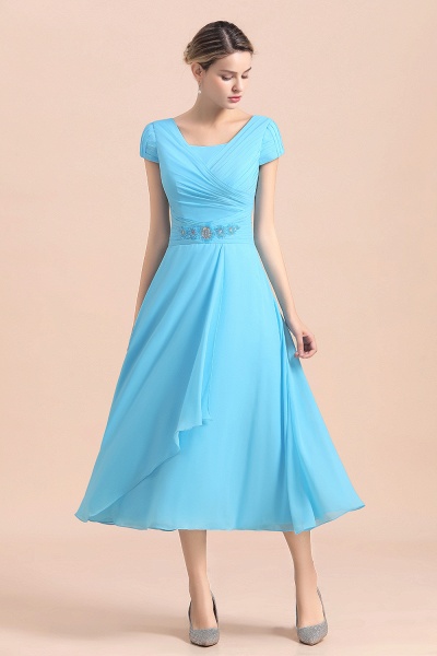 Blue Short Sleeves Chiffon Ruffles Tea-length Mother of the Bride Dress ...