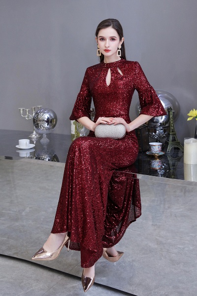 Burgundy Short Sleeve Sequins Long Prom Dress_6
