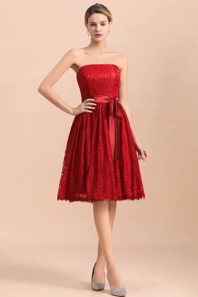 Stunning Red A-line Strapless Appliques Lace Knee-length Bridesmaid Dress With Bowknot_2