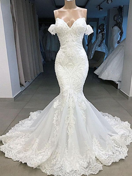 Elegant Sweetheart Short Sleeves Lace Mermaid Wedding Dresses_1