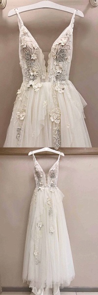 Tulle V Neck Lace Applique Long Wedding Dress_3