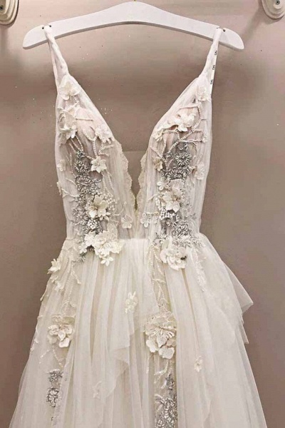 Tulle V Neck Lace Applique Long Wedding Dress_2