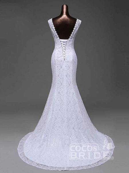 V-Neck Backless Lace Mermaid Wedding Dresses_3