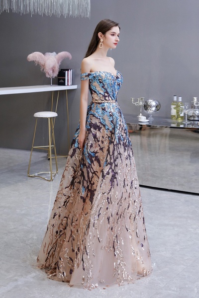 Elegant Multi-Color Long A-line Off the Shoulder Sequins Prom Dresses_6
