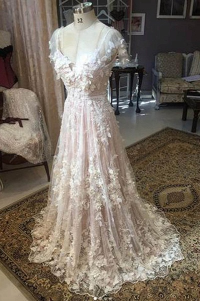 White 3D Flower Lace V Neck Cap Sleeve Long Wedding Dress_1