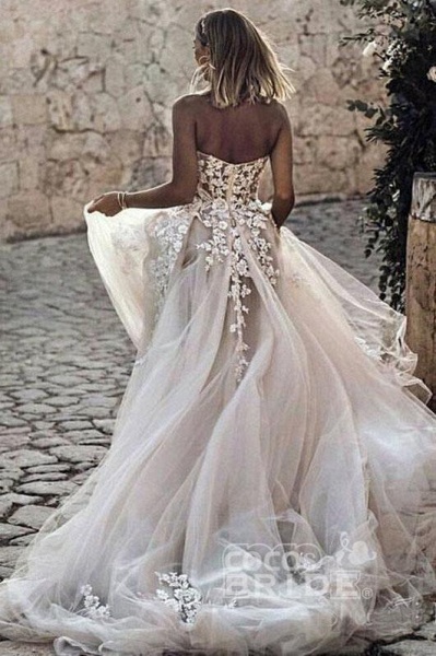 Elegant A Line Sweetheart Tulle Lace Applique Ivory Wedding Long Dress_2