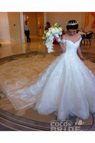 Gorgeous Off the Shoulder Puffy Princess Lace Wedding Dress_4