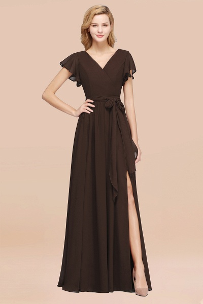 elegant A-line Chiffon V-Neck Short-Sleeves Floor-Length Bridesmaid Dresses with Bow Sash_11