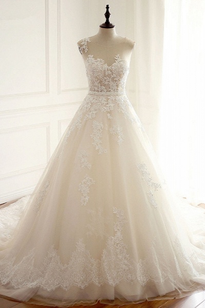 Stylish Long A-line Jewel Tulle Wedding Dress With Appliques Lace_1