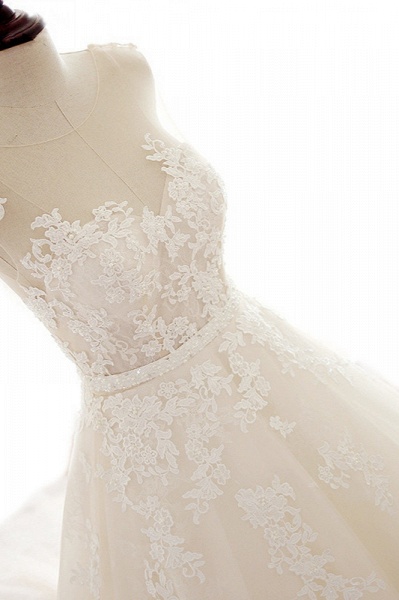 Stylish Long A-line Jewel Tulle Wedding Dress With Appliques Lace_5