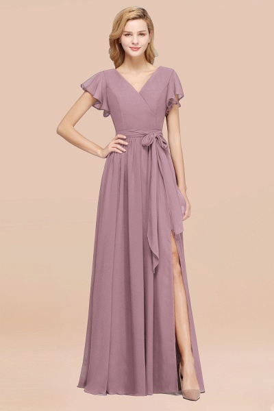 elegant A-line Chiffon V-Neck Short-Sleeves Floor-Length Bridesmaid Dresses with Bow Sash_43