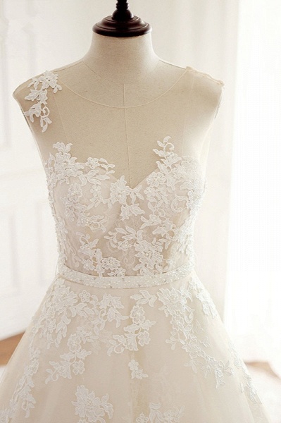 Stylish Long A-line Jewel Tulle Wedding Dress With Appliques Lace_4