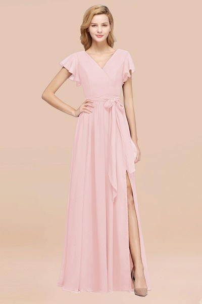elegant A-line Chiffon V-Neck Short-Sleeves Floor-Length Bridesmaid Dresses with Bow Sash_3