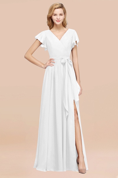 elegant A-line Chiffon V-Neck Short-Sleeves Floor-Length Bridesmaid Dresses with Bow Sash_1