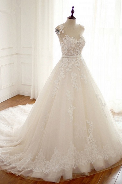 Stylish Long A-line Jewel Tulle Wedding Dress With Appliques Lace_3