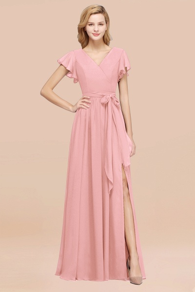 elegant A-line Chiffon V-Neck Short-Sleeves Floor-Length Bridesmaid Dresses with Bow Sash_4