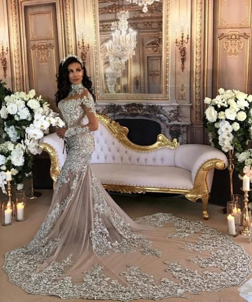 High Neck Long Sleeve Silver Lace Mermaid Luxury Wedding Dresses_1