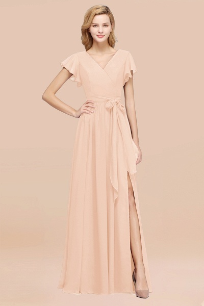 elegant A-line Chiffon V-Neck Short-Sleeves Floor-Length Bridesmaid Dresses with Bow Sash_5