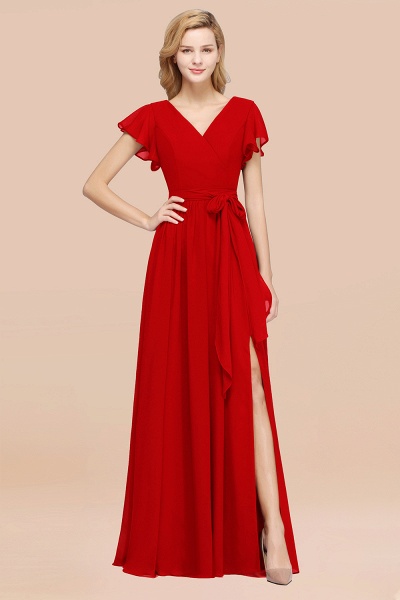 elegant A-line Chiffon V-Neck Short-Sleeves Floor-Length Bridesmaid Dresses with Bow Sash_8