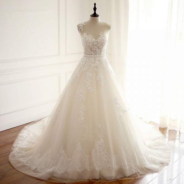Stylish Long A-line Jewel Tulle Wedding Dress With Appliques Lace_6